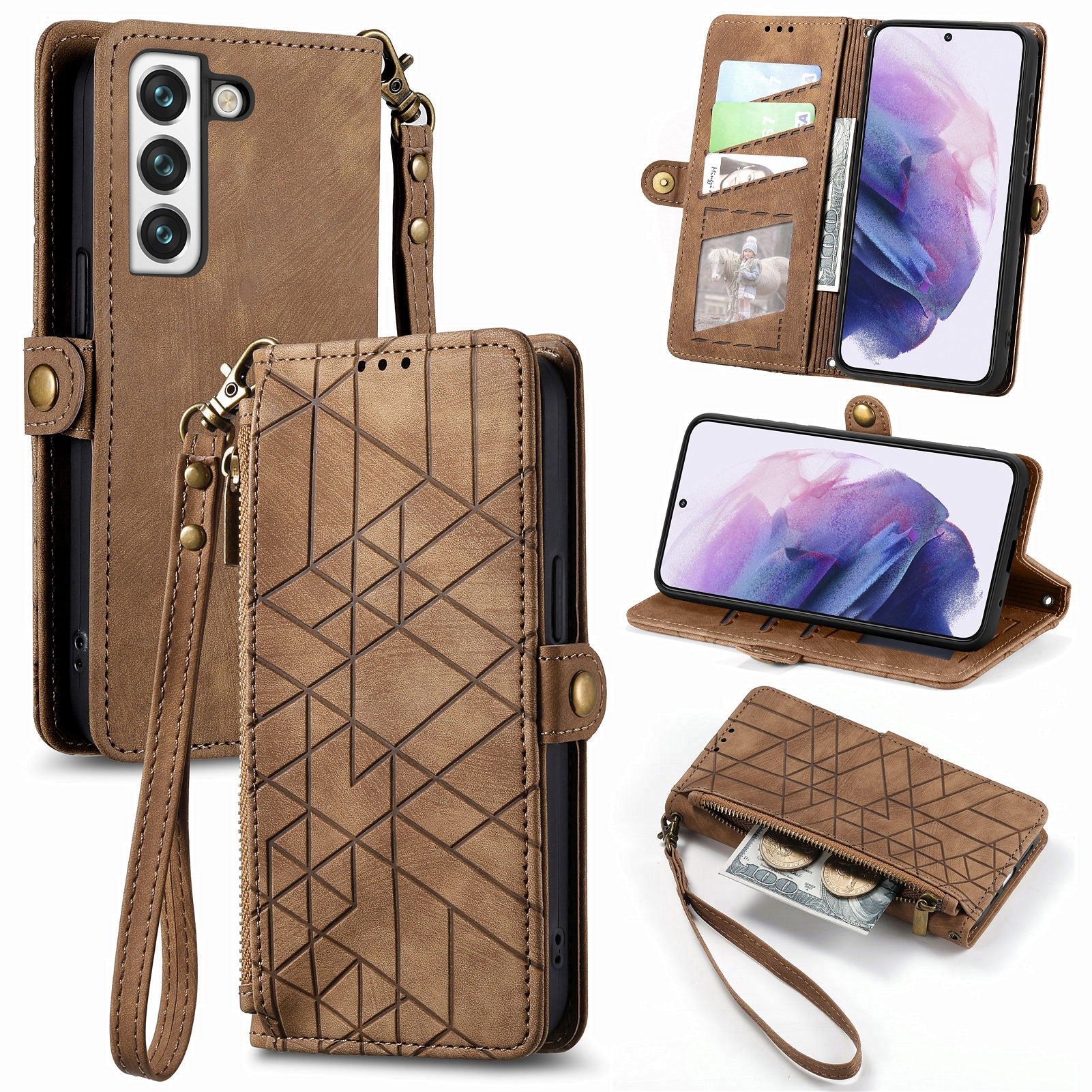 For Samsung Galaxy S22 5G Zipper Pocket Phone Case Geometry Imprinted PU Leather Wallet Stand Cover For Samsung Galaxy S22 5G Zipper Pocket Phone Case Geometry Imprinted PU Leather Wallet Stand Cover